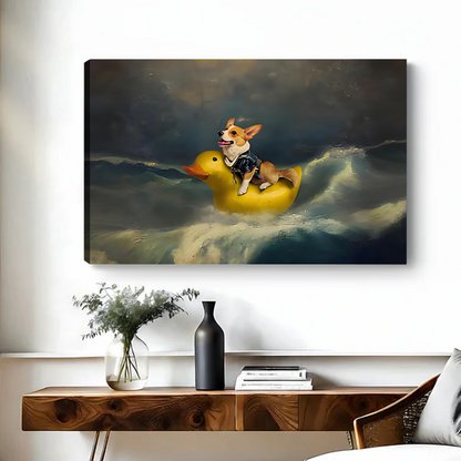 Classic oil painting style corgi on rubber duck canvas art print displayed on wall without frame above console table