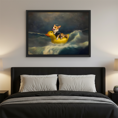 Corgi riding yellow rubber duck in stormy waves framed canvas wall art displayed above dark bed as bedroom decor