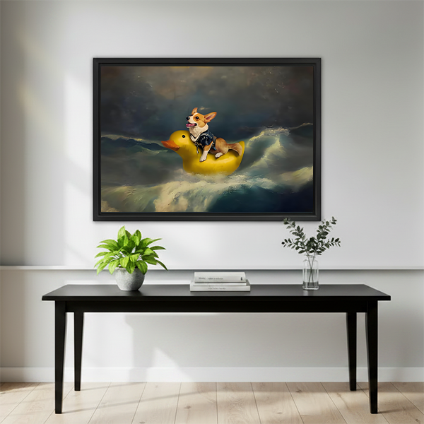 Funny corgi rubber duck ocean framed canvas art hung above black console table in bright modern living room