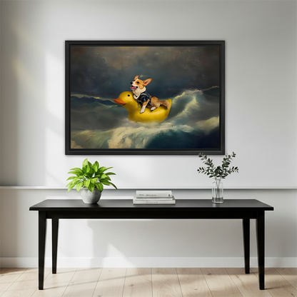 Funny corgi rubber duck ocean framed canvas art hung above black console table in bright modern living room