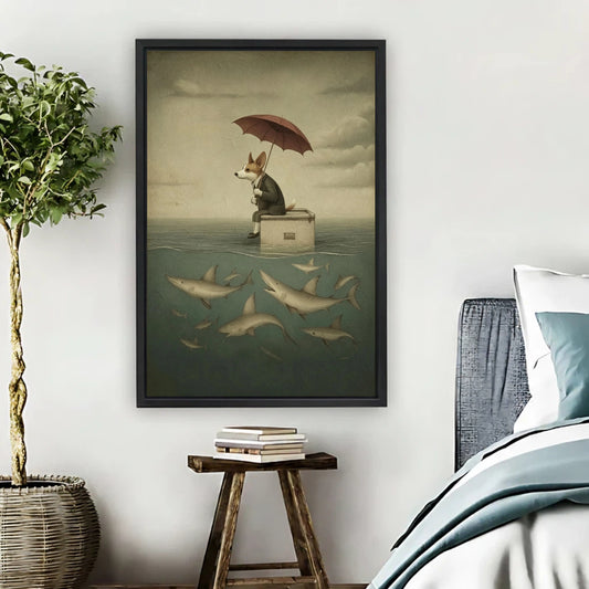 Surreal corgi in suit with umbrella and sharks framed canvas print hung on bedroom wall beside rustic wooden stool