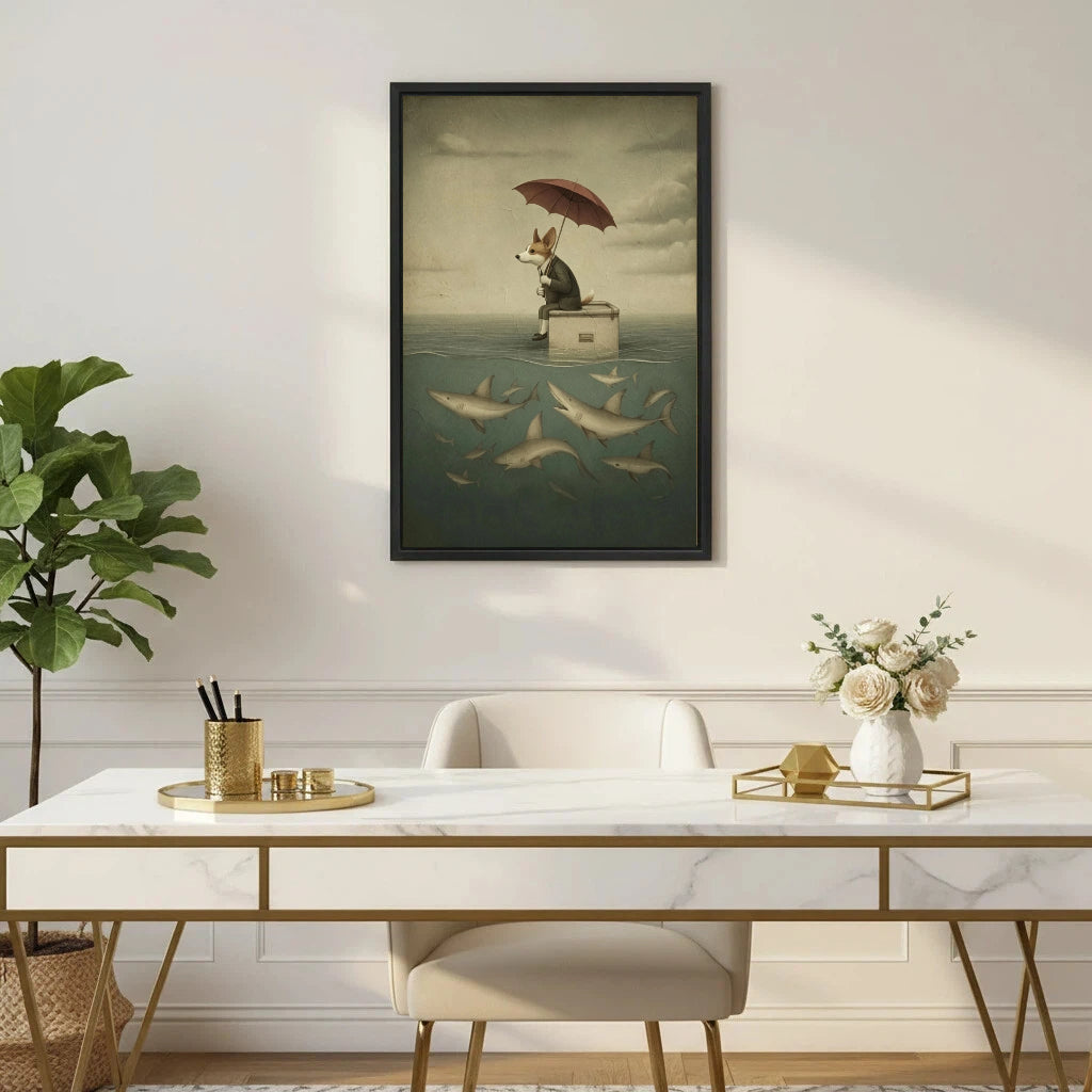 Whimsical corgi umbrella sharks framed canvas wall art displayed above marble desk in elegant home office