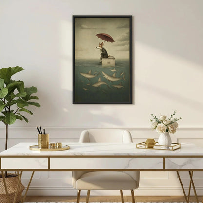 Whimsical corgi umbrella sharks framed canvas wall art displayed above marble desk in elegant home office