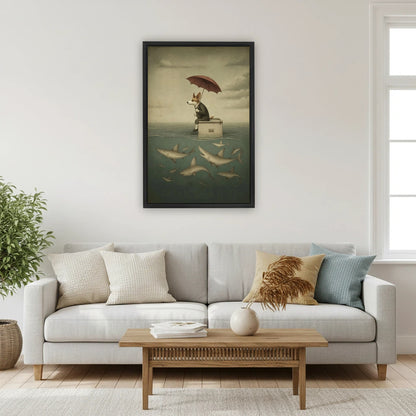 Surreal vintage corgi in suit holding umbrella above sharks framed canvas print above white sofa in modern living room