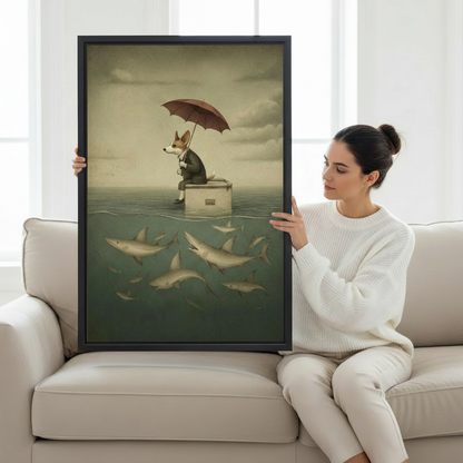 Woman holding large surreal corgi umbrella sharks framed canvas art showing size reference on white sofa
