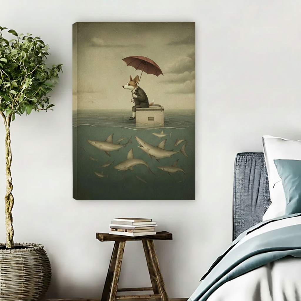Vintage surreal corgi umbrella sharks gallery wrap canvas art displayed in cozy bedroom with natural wrap finish