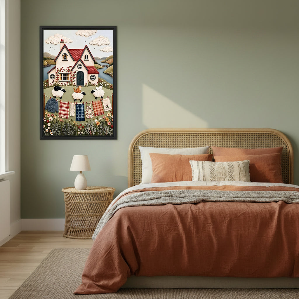 Framed cottage sheep and quilts canvas wall art in a sage green bedroom