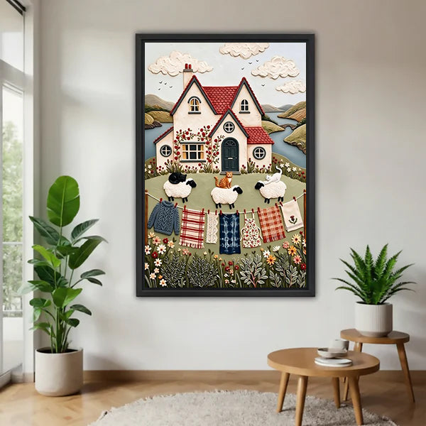 Black-framed cottage sheep and quilts canvas wall art displayed between potted plants