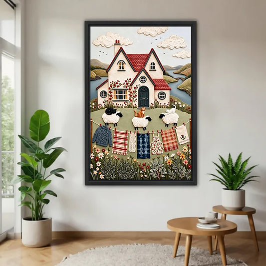 Black-framed cottage sheep and quilts canvas wall art displayed between potted plants