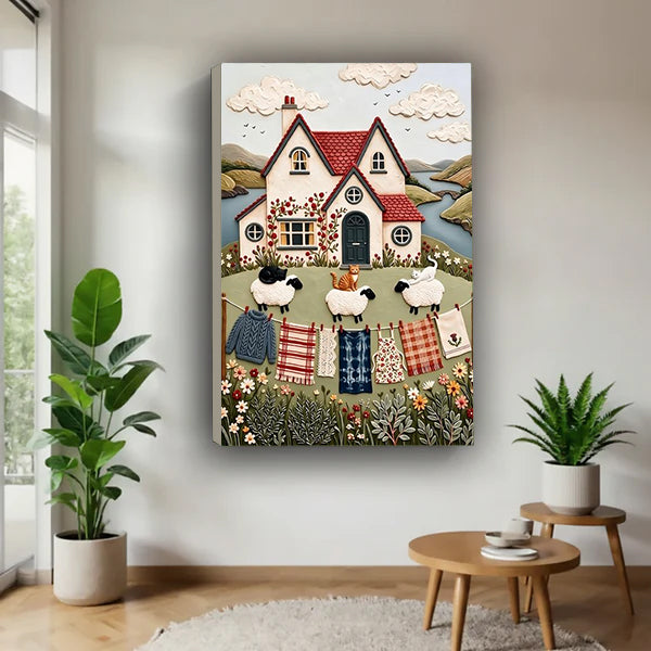 Gallery-wrap cottage sheep and quilts canvas wall art in a bright corner beside plants