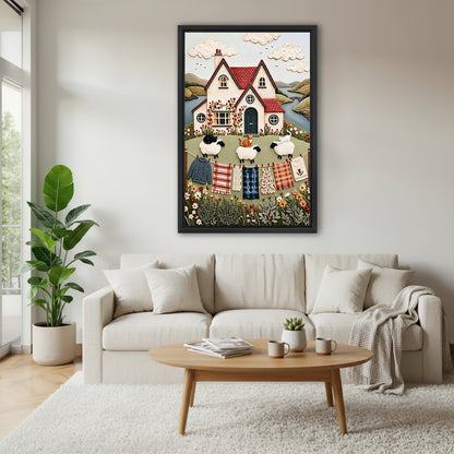 Folk art cottage sheep and quilts canvas wall art above a cream sofa
