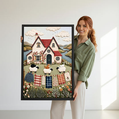Model holding framed cottage sheep and quilts canvas wall art for size reference