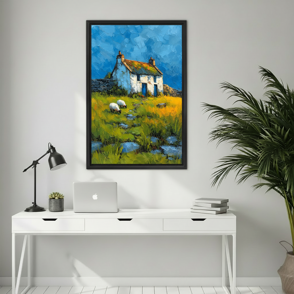  Framed country cottage and sheep canvas wall art adding vivid color to a bright home office.