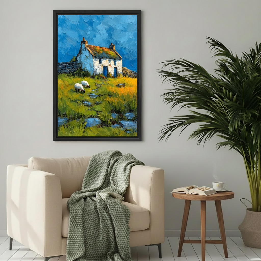  Framed country cottage and sheep canvas wall art displayed above a cozy cream reading chair.