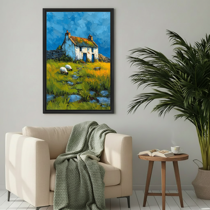  Framed country cottage and sheep canvas wall art displayed above a cozy cream reading chair.