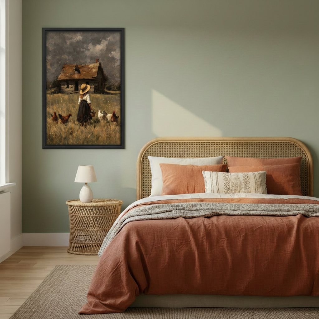 Black-framed country girl and chickens canvas wall art on a green bedroom wall beside a rattan bed
