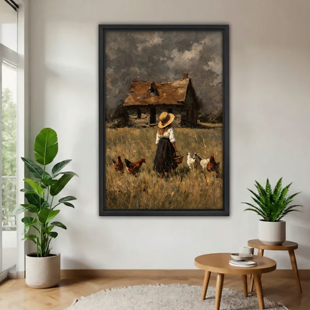Country girl and chickens canvas wall art in a black frame displayed between potted plants beside wooden tables.