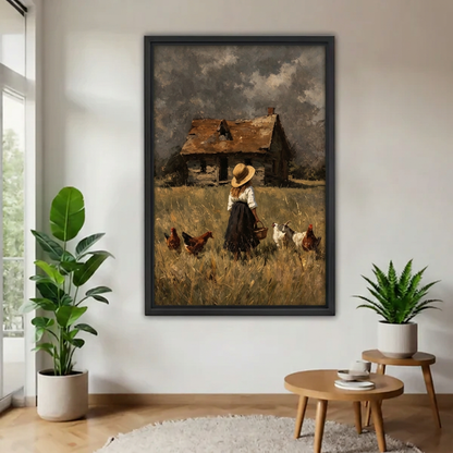 Country girl and chickens canvas wall art in a black frame displayed between potted plants beside wooden tables.