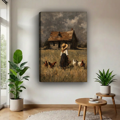 Country girl and chickens canvas wall art with visible wrapped edges displayed beside plants and wooden tables.