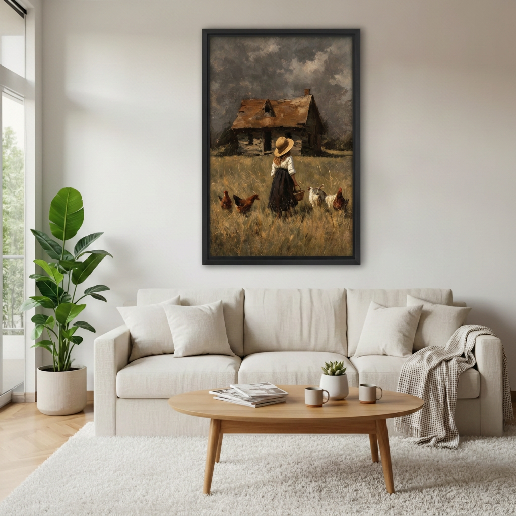 Country girl and chickens canvas wall art in a black frame above a cream sofa in a bright living room.
