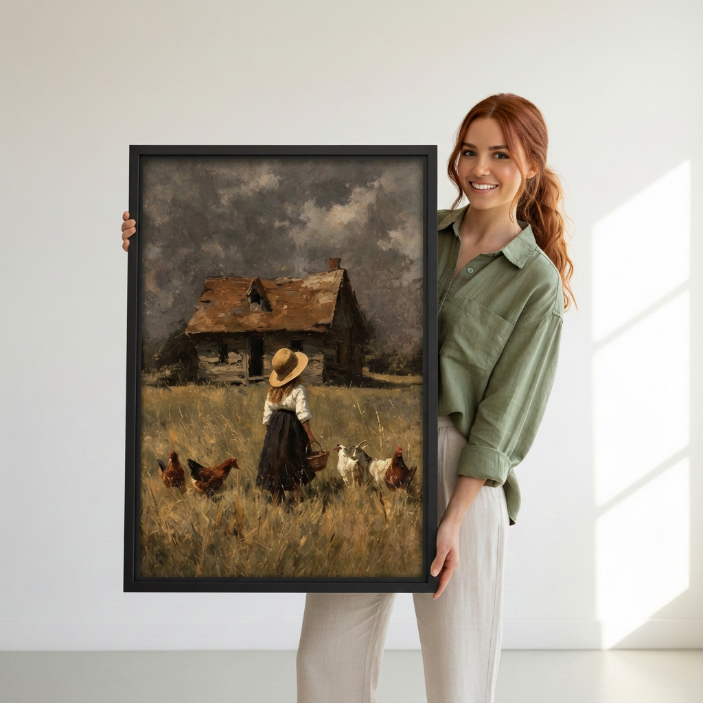 Woman holding black-framed country girl and chickens canvas wall art featuring a weathered farmhouse and golden grass.