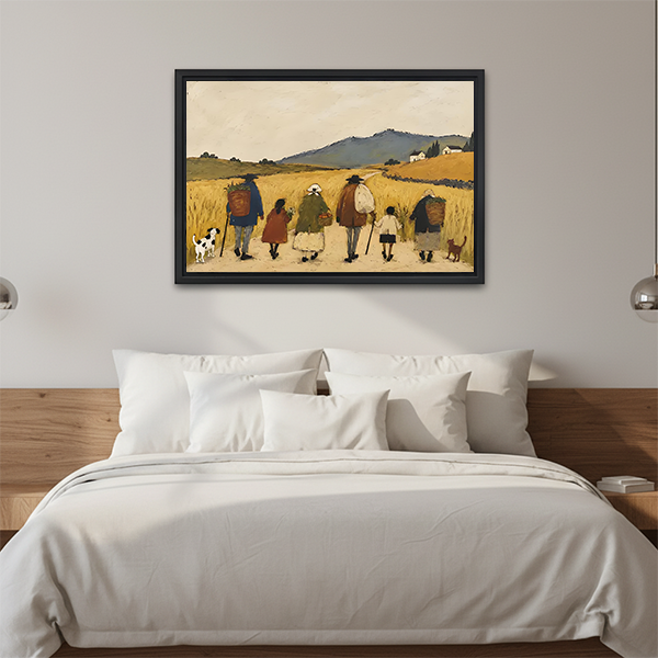Folk art countryside walk canvas wall art in a black frame displayed above a cream sofa with wooden arms.