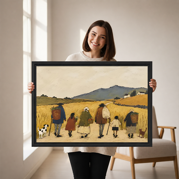 Gallery-wrap countryside walk canvas wall art displayed above a wooden console with folded fabric and a lantern.