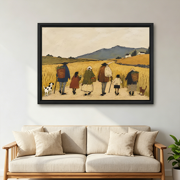Framed countryside walk canvas wall art with golden fields and white cottages above a bed with white bedding.