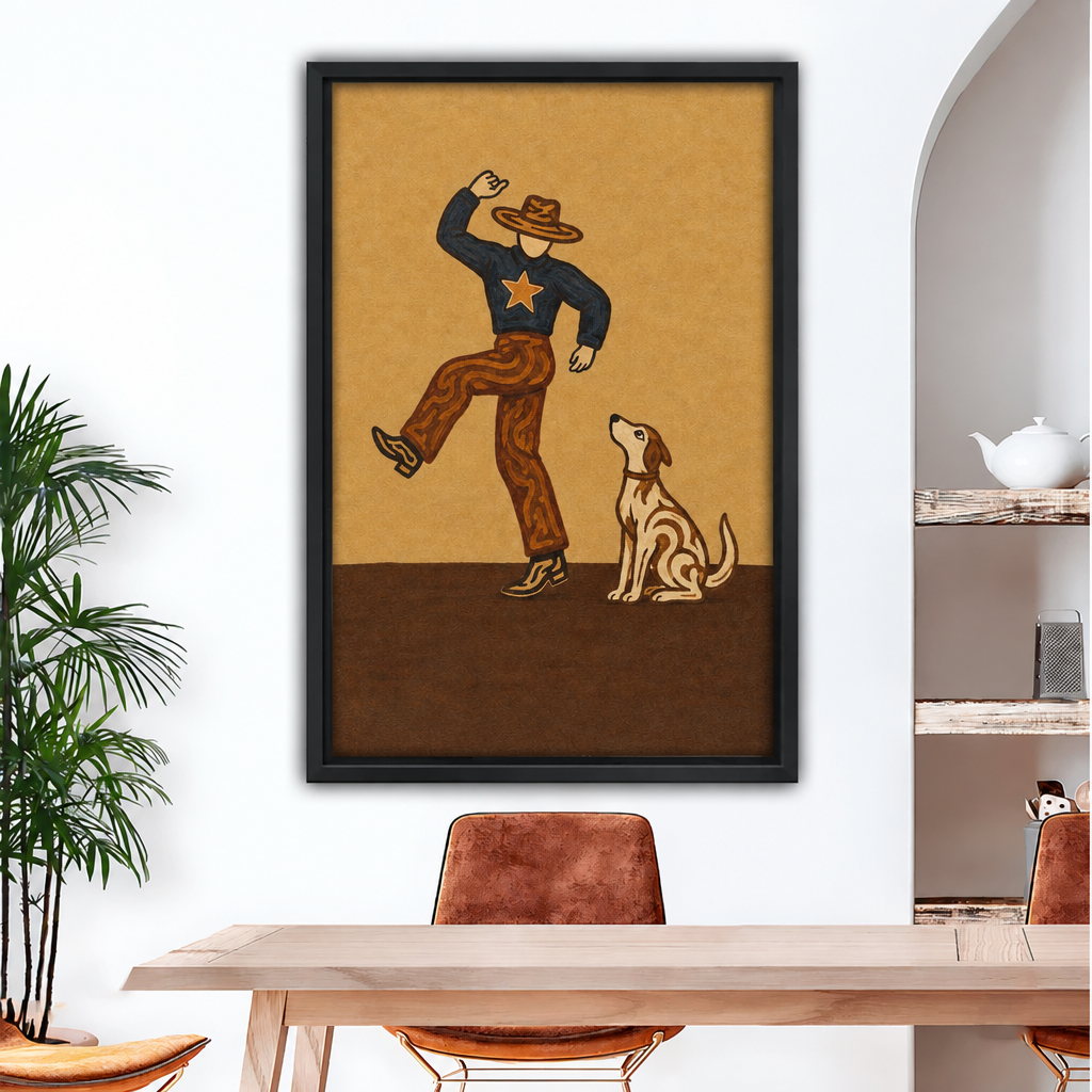 Framed cowboy and dog canvas wall art displayed above a dining table.
