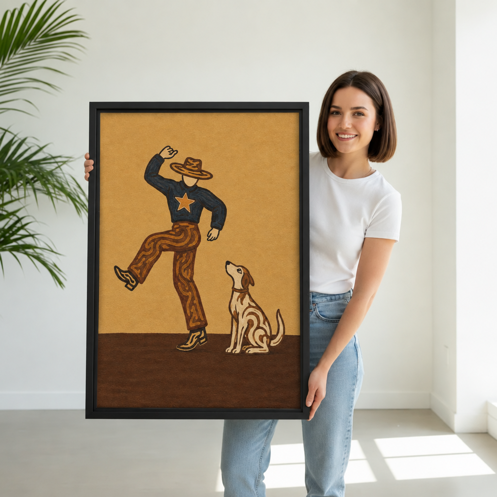 Woman holding framed cowboy and dog canvas wall art to show its scale.