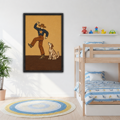 Framed cowboy and dog canvas wall art beside a bunk bed in a kids' bedroom.