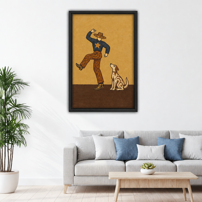 Framed cowboy and dog canvas wall art displayed above a living room sofa