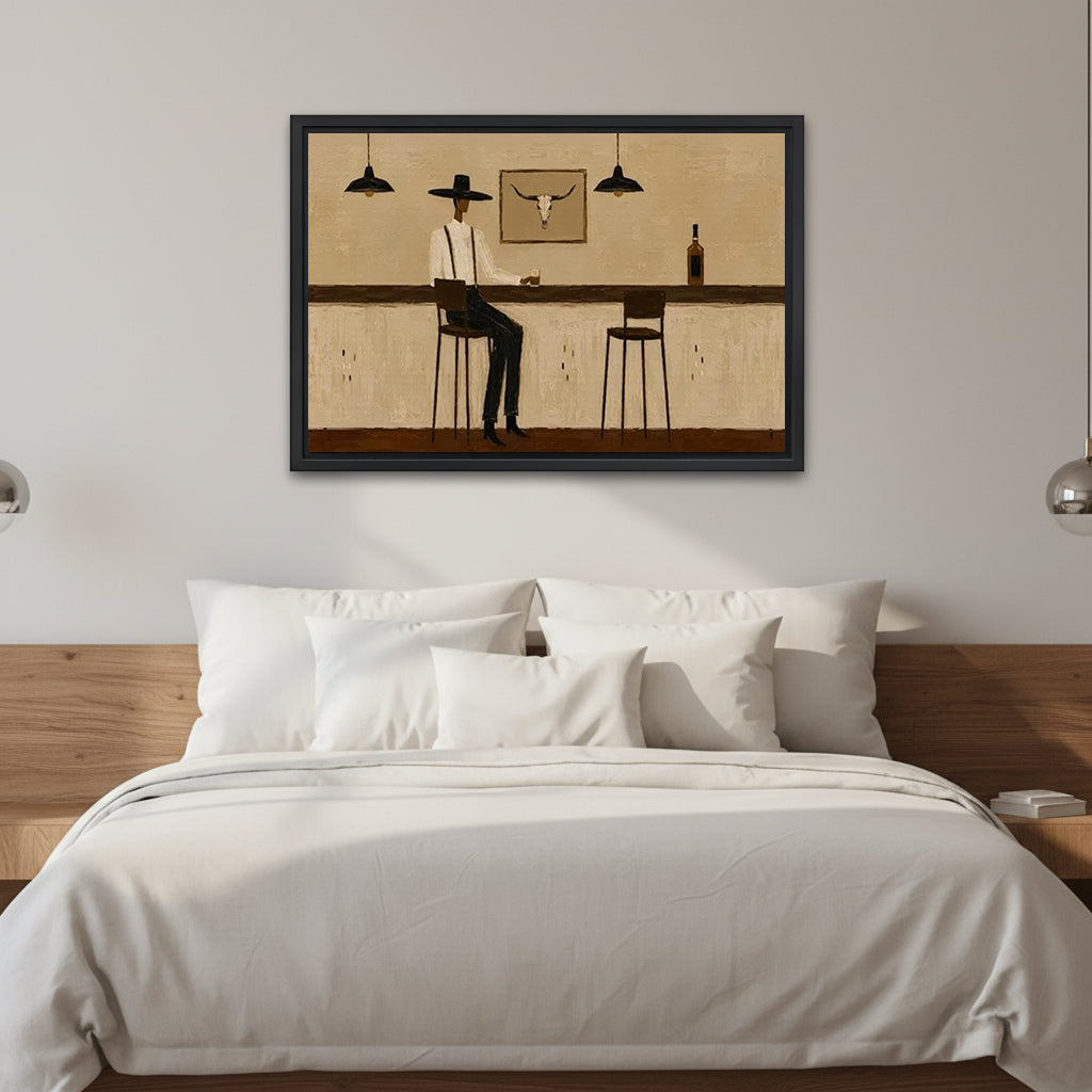 Western cowboy bar canvas wall art in a black frame above a white bed with a wooden headboard