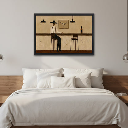 Western cowboy bar canvas wall art in a black frame above a white bed with a wooden headboard