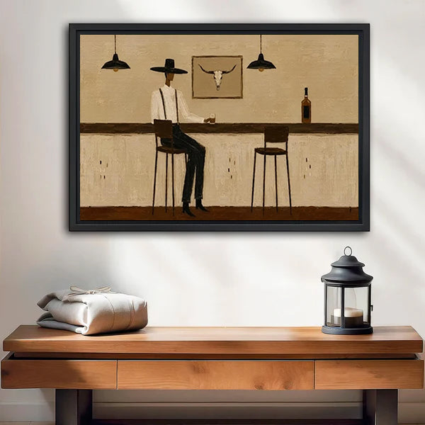Framed Western cowboy bar canvas wall art above a wooden bench with a black candle lantern