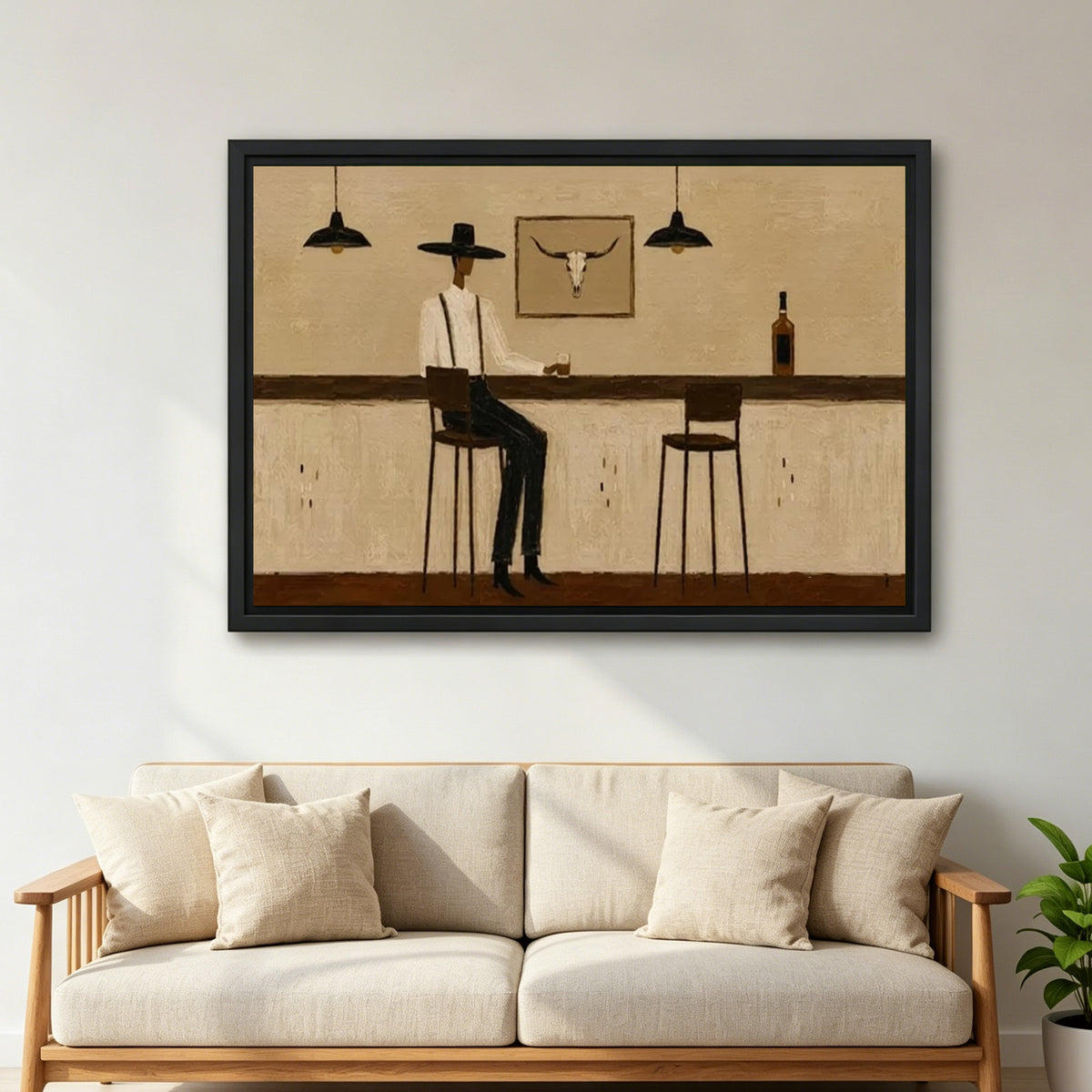 Large framed Western cowboy bar canvas wall art in warm neutral tones above a cream living room sofa