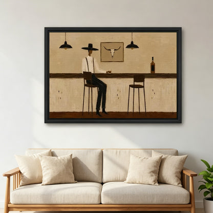 Large framed Western cowboy bar canvas wall art in warm neutral tones above a cream living room sofa