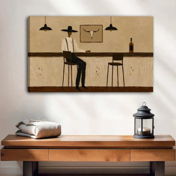 Gallery-wrap Western cowboy bar canvas wall art showing the left canvas edge above a wooden bench