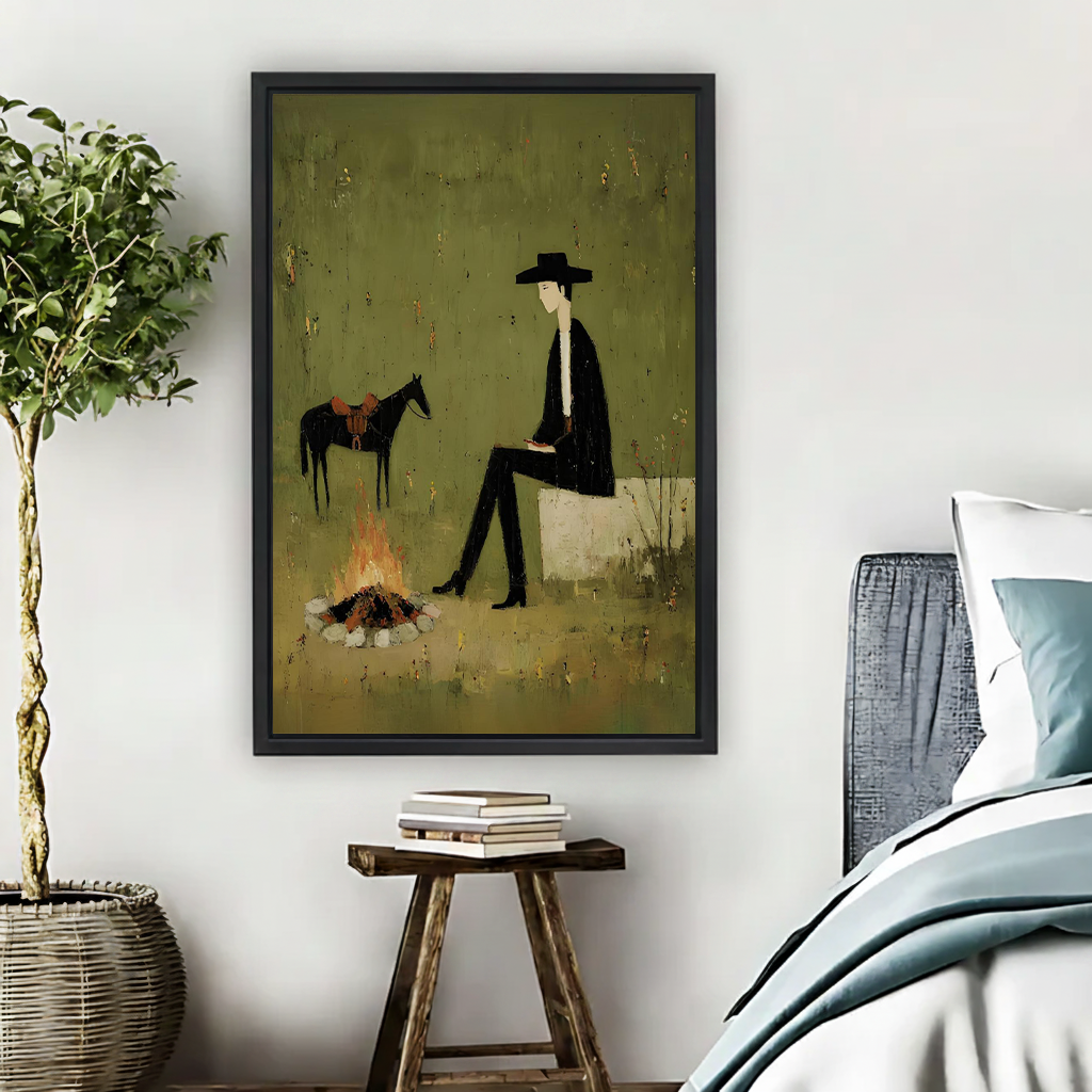 Vintage cowboy campfire canvas wall art displayed above a bedside table with a leafy plant
