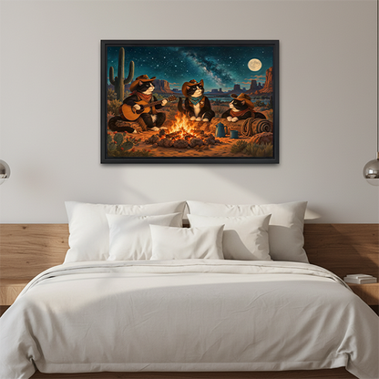 Cowboy cats campfire canvas wall art in a black frame displayed above a white bed with a wooden headboard.
