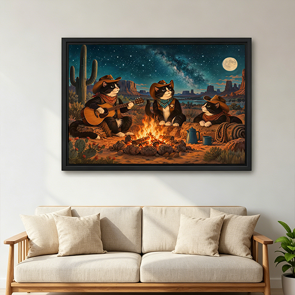 Framed cowboy cats campfire canvas wall art showing a guitar and glowing fire above a cream living room sofa.