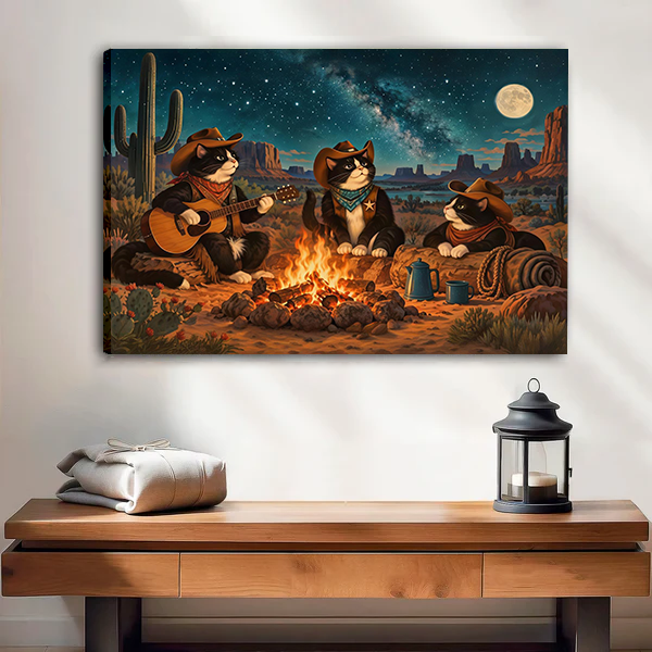 Whimsical cowboy cats campfire canvas wall art in a black frame above a wooden console beside a lantern.