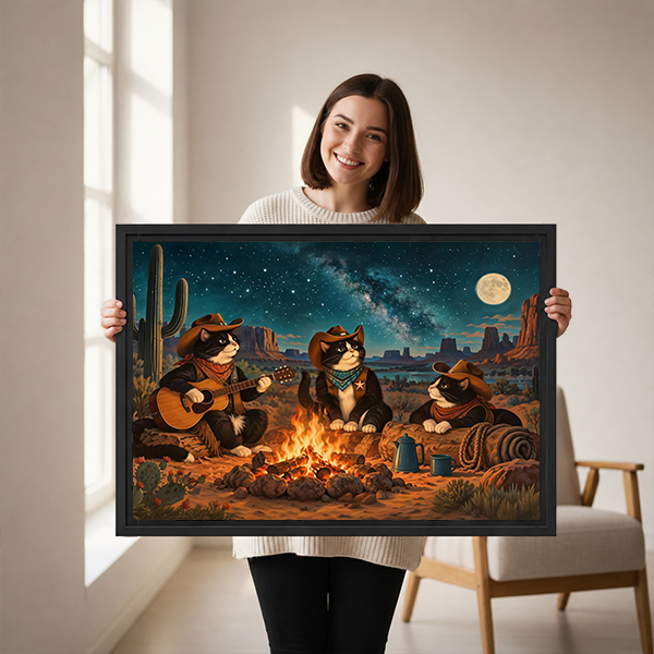 Unframed cowboy cats campfire canvas wall art with a glowing fire and desert night scene above a wooden console.