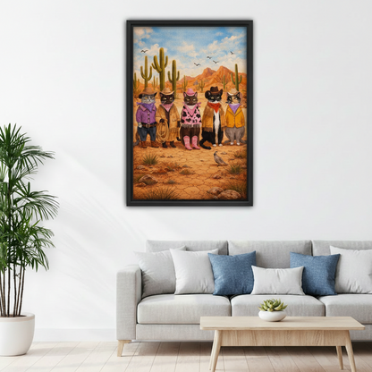 Five cowboy cats desert scene framed canvas print above gray sofa in minimalist white living room