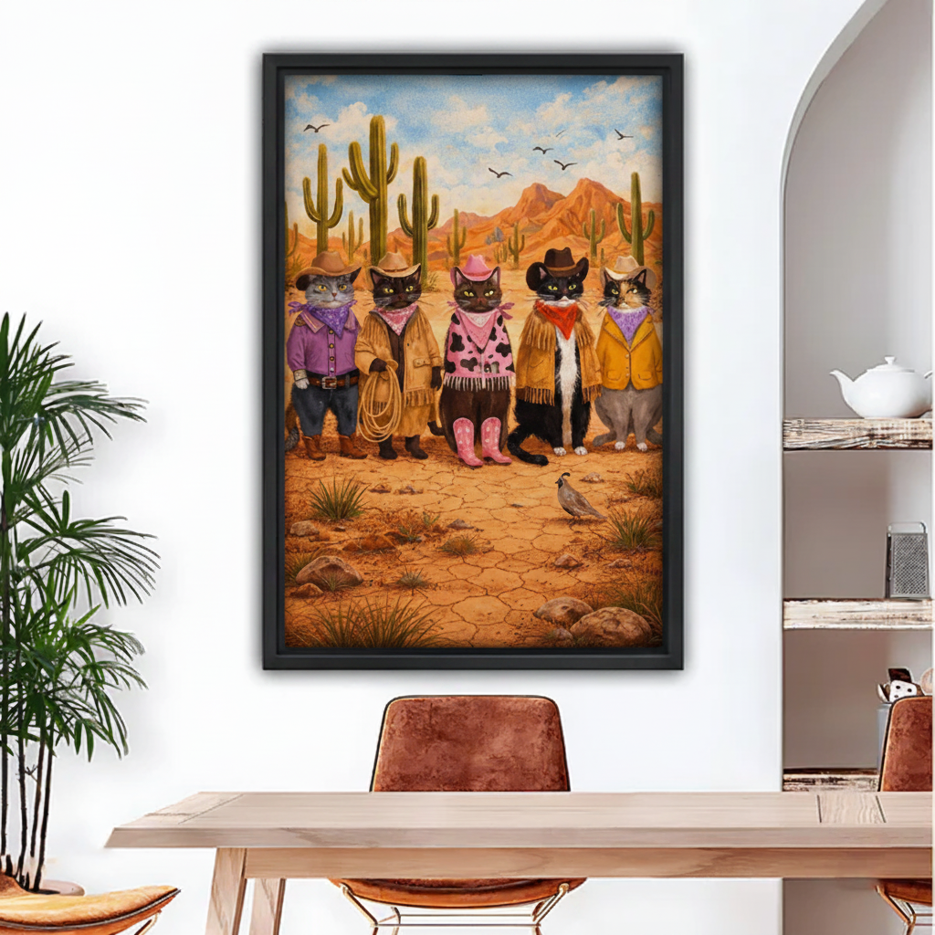 Whimsical cowboy cats desert oil painting black framed canvas print hanging above wooden dining table in modern room