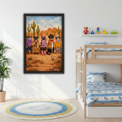 Colorful cowboy cats western oil painting framed wall art in bright kids bedroom with wooden bunk bed