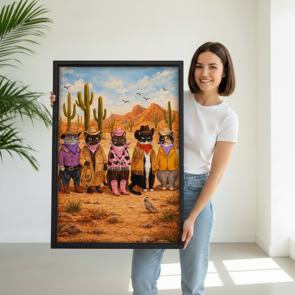 Smiling woman holding large black framed cowboy cats desert oil painting canvas print in white studio
