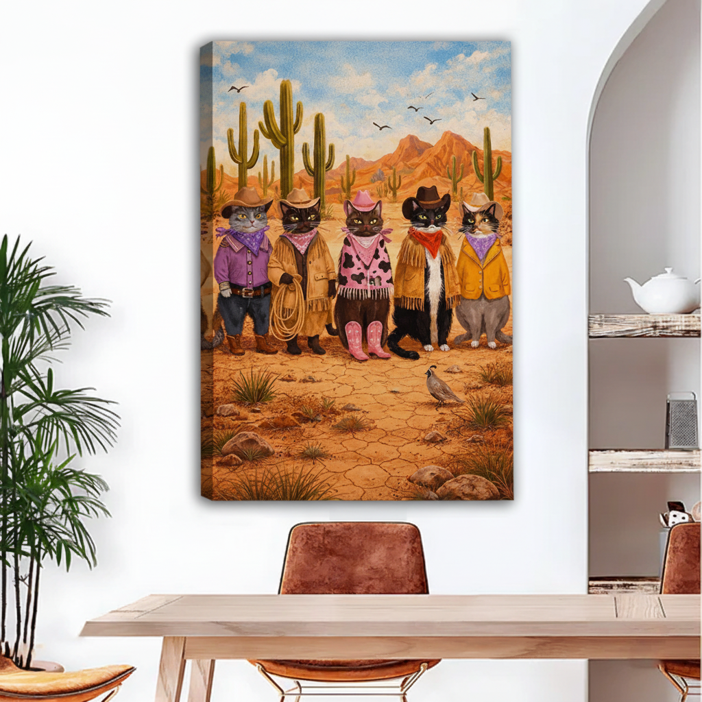 Frameless gallery wrap canvas of five cowboy cats in desert landscape displayed above dining table with arched doorway