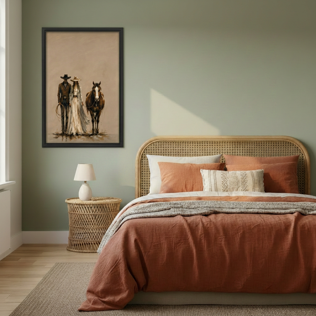 Framed cowboy, cowgirl and horse canvas beside a rattan bed.