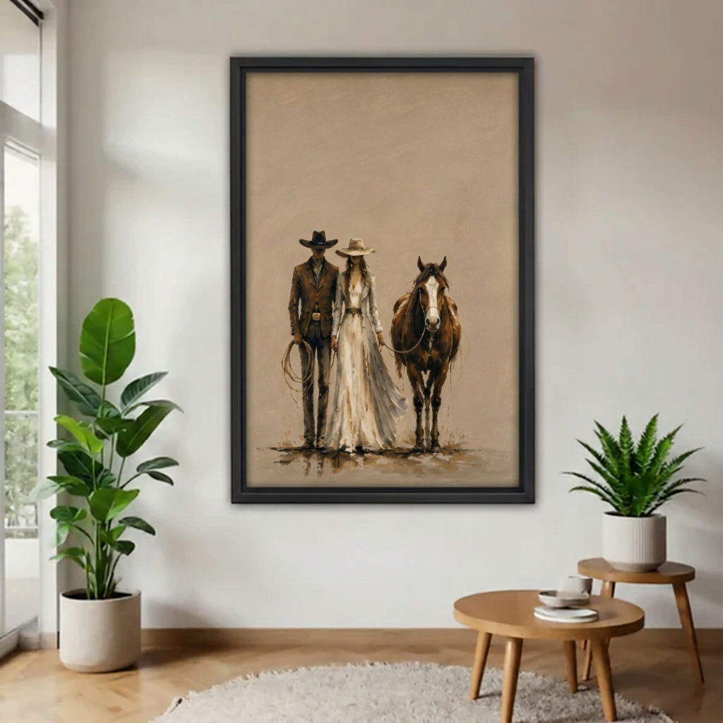  Framed cowboy, cowgirl and horse canvas beside indoor plants.